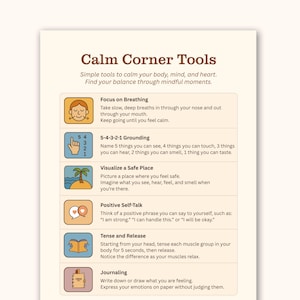 Könnte beinhalten: Ein beigefarbenes Poster mit dem Titel „Calm Corner Tools“ mit Text, der Achtsamkeitstechniken beschreibt. Das Poster enthält Illustrationen und Anweisungen für Atemübungen, Erdung, Visualisierung, positives Selbstgespräch, Anspannung und Entspannung sowie Tagebuchführung.