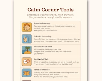 Calm Corner Tools Poster, Coping Skills and Emotional Regulation Calm Down Chart
