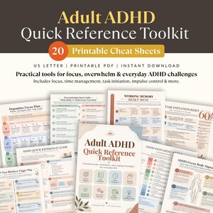 Kit de herramientas para adultos con TDAH, hojas de referencia imprimibles sobre la función ejecutiva, la concentración, la dificultad para percibir el tiempo y la memoria de trabajo.