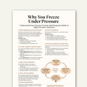 May include: A white paper with black text titled "Why You Freeze Under Pressure." The text explains how to understand the nervous system and respond calmly in high-pressure moments. Includes diagrams and bullet points.