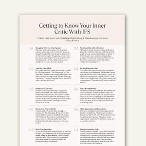 May include: A white paper titled "Getting to Know Your Inner Critic With IFS." The text explains how to understand, befriend, and transform the inner critical voice. The paper is divided into 10 sections with numbered headings and subheadings.
