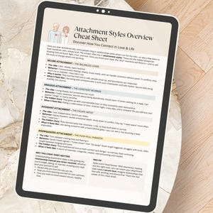 Digital tablet mockup of the Attachment Styles Overview Cheat Sheet displayed on screen, showing compatibility for iPad and digital use.