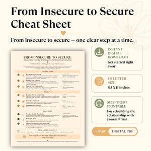 May include: A digital cheat sheet titled From Insecure to Secure featuring an attachment healing roadmap. The document includes sections for awareness, healing, and security, with text detailing steps for self-trust and 21.59 x 27.94 cm A4-style size.