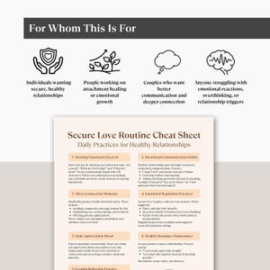 Puede incluir: Una infograf&iacute;a en blanco y beige titulada "Secure Love Routine Cheat Sheet" con consejos para relaciones saludables. Incluye secciones sobre chequeos emocionales, h&aacute;bitos de comunicaci&oacute;n y mantenimiento de l&iacute;mites. El t&iacute;tulo es "For Whom This Is For".