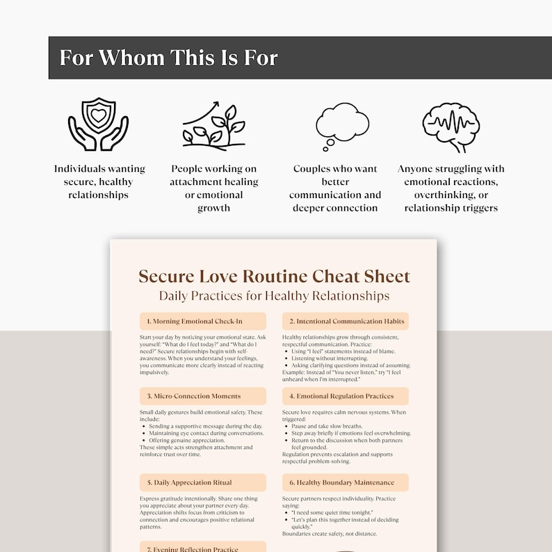 Puede incluir: Una infograf&iacute;a en blanco y beige titulada "Secure Love Routine Cheat Sheet" con consejos para relaciones saludables. Incluye secciones sobre chequeos emocionales, h&aacute;bitos de comunicaci&oacute;n y mantenimiento de l&iacute;mites. El t&iacute;tulo es "For Whom This Is For".