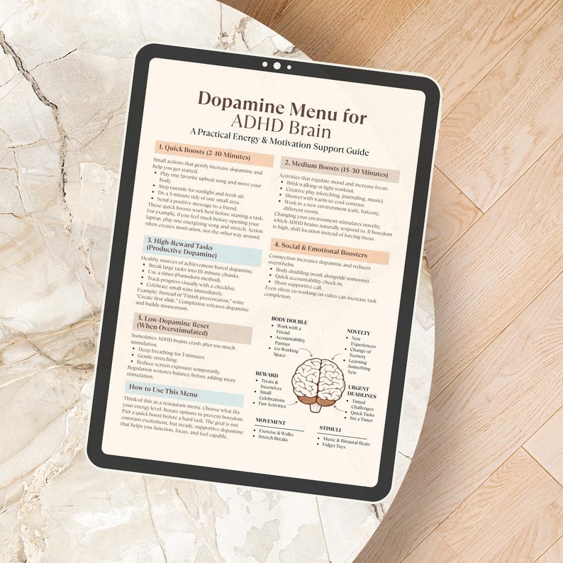 May include: A digital tablet displays a "Dopamine Menu for ADHD Brain" guide. The white screen features text and diagrams outlining strategies for energy and motivation, including quick boosts and reward tasks. The tablet rests on a light-colored, textured surface.