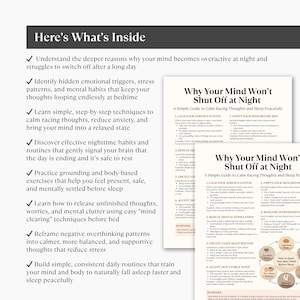 Puede incluir: Un folleto en blanco y negro titulado "Why Your Mind Won't Shut Off at Night" con consejos para dormir mejor. El texto "Here's What's Inside" est&aacute; en la parte superior, con vi&ntilde;etas que detallan el contenido.
