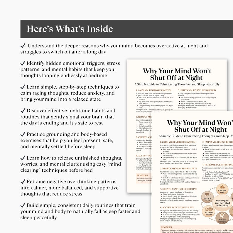 Puede incluir: Un folleto en blanco y negro titulado "Why Your Mind Won't Shut Off at Night" con consejos para dormir mejor. El texto "Here's What's Inside" est&aacute; en la parte superior, con vi&ntilde;etas que detallan el contenido.