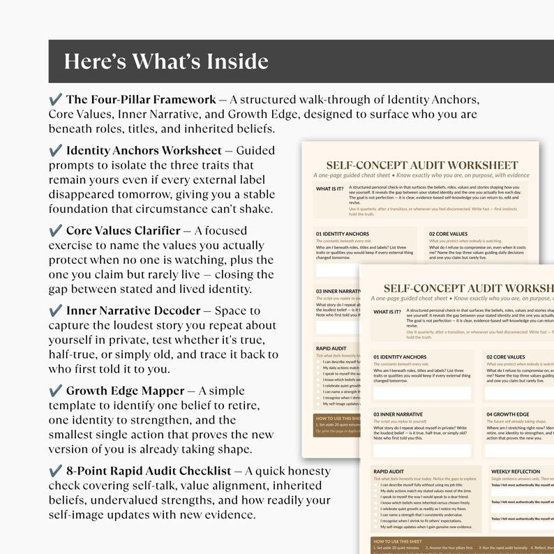 Self Concept Audit Worksheet, Identity, Core Values and Inner Narrative ...