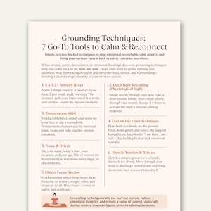May include: A white paper with the title "Grounding Techniques: 7 Go-To Tools to Calm & Reconnect." The text describes techniques to manage anxiety, including sensory reset, deep breathing, and muscle tension release.