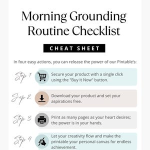 Instructional mock-up page with steps for purchasing, downloading, printing, and using the Morning Grounding Routine Checklist printable.