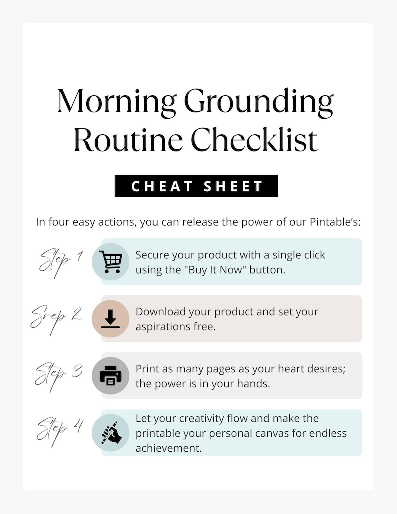Instructional mock-up page with steps for purchasing, downloading, printing, and using the Morning Grounding Routine Checklist printable.