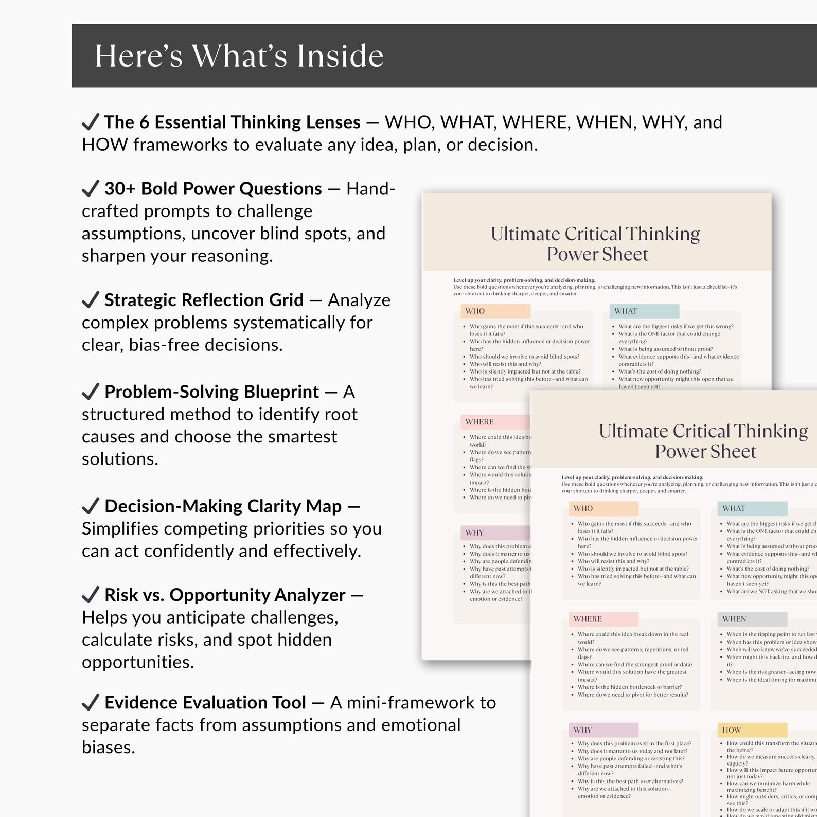 Critical Thinking Power Sheet, Decision Making Worksheet, Self ...