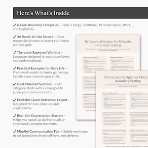Here’s What’s Inside preview page listing six core boundary categories, 36 ready-to-use scripts, and therapist-approved wording for the Boundary Setting Guide.