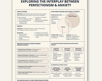 Hoja de referencia para el perfeccionismo y la ansiedad, terapia de estrategias de afrontamiento imprimible