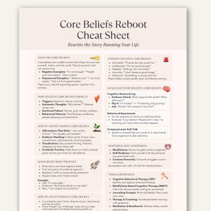 Peut inclure: Infographie beige et blanche intitulée « Core Beliefs Reboot Cheat Sheet ». Elle explique les croyances fondamentales, les exemples négatifs et comment en créer de positives, avec des sections sur la restructuration cognitive et l'auto-compassion.