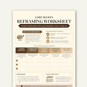 May include: A Core Beliefs Reframing Worksheet printed on cream paper with dark brown text and accents. The document includes sections titled What Are Core Beliefs, The Reframing Mindset, The 5-Step Reframing Process, Remember, and Daily Practice.
