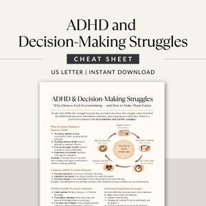 May include: A white document titled "ADHD and Decision-Making Struggles" with the subtitle "Cheat Sheet." The document includes text about ADHD, decision-making, and strategies. The document is labeled "US LETTER | INSTANT DOWNLOAD."