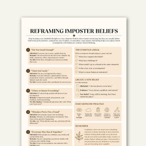 May include: A beige informational document titled Reframing Imposter Beliefs. It features five numbered sections addressing common negative thoughts, an evidence check list, a new belief formula, and a daily practice section with icons.