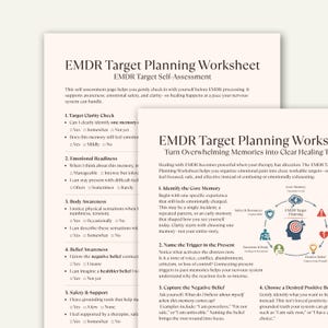 May include: Two-page worksheet titled "EMDR Target Planning Worksheet" with text and bullet points. The worksheet is designed for self-assessment and helps with emotional processing. The pages are white with black text and some blue and green graphics.