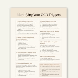 May include: A beige paper titled "Identifying Your OCD Triggers" with numbered sections offering guidance on managing triggers. The text includes categories, inventory logs, and solution pairs.