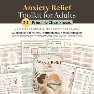 Peut inclure: Kit de soulagement de l'anxiété pour adultes comprenant 20 fiches pratiques imprimables. La collection inclut des documents sur les symptômes physiques, la respiration carrée, les déclencheurs et le soutien, dans des tons neutres.