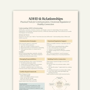 May include: A printed document titled "ADHD & Relationships" providing practical tools for communication, emotional regulation, and healthy connections. The text includes strategies for managing responsibilities and building positive connections within relationships.