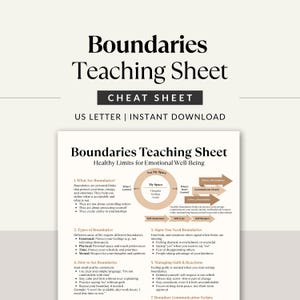 May include: A white teaching sheet titled "Boundaries Teaching Sheet" with black text. The sheet includes information on setting healthy limits for emotional well-being, with sections on types of boundaries and signs you need them.