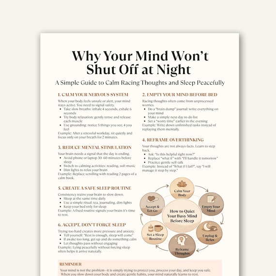 Why Your Mind Won’t Shut Off at Night, Overthinking Sleep Anxiety Cheat Sheet Printable