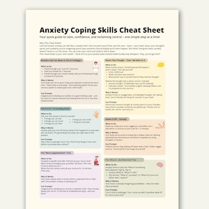 Anxiety Coping Skills Cheat Sheet for DBT and CBT, Printable Therapy Handout, Stress Relief Tools, Mindfulness and Emotional Regulation PDF