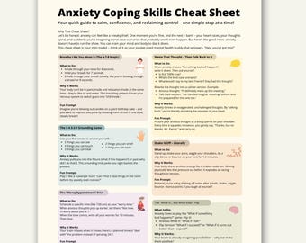 Cheatsheet met vaardigheden om met angst om te gaan, technieken voor stressverlichting en aarding, afdrukbaar, werkblad geestelijke gezondheid