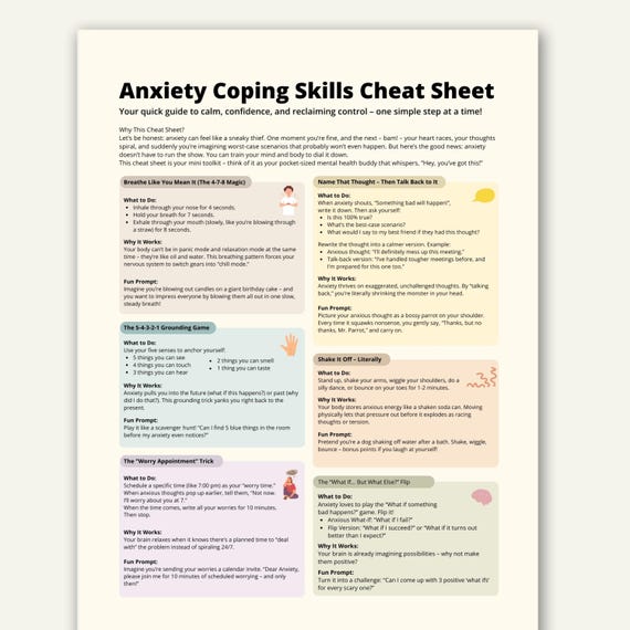 Anxiety Coping Skills Cheat Sheet, Stress Relief and Grounding Techniques Printable, Mental Health Worksheet