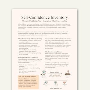 May include: A printed document titled "Self-Confidence Inventory" detailing a self-reflection tool. It guides users to identify areas for growth, including self-talk and boundaries, to build self-trust and improve confidence.