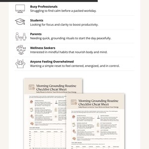 For Whom This Is For mock-up page listing target audiences: busy professionals, students, parents, wellness seekers, and anyone feeling overwhelmed, with icons.
