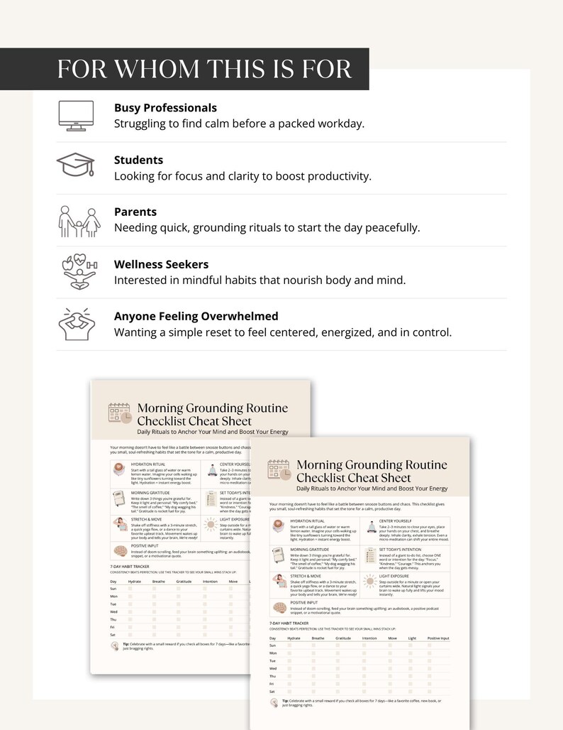 For Whom This Is For mock-up page listing target audiences: busy professionals, students, parents, wellness seekers, and anyone feeling overwhelmed, with icons.