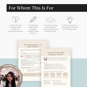 Mockup titled “For Whom This Is For,” listing four audience groups with icons: unseen or neglected adults (broken heart icon), cycle breakers (chain icon), those seeking self-trust and safety (lotus icon), and clients/therapy-goers (lightbulb icon).