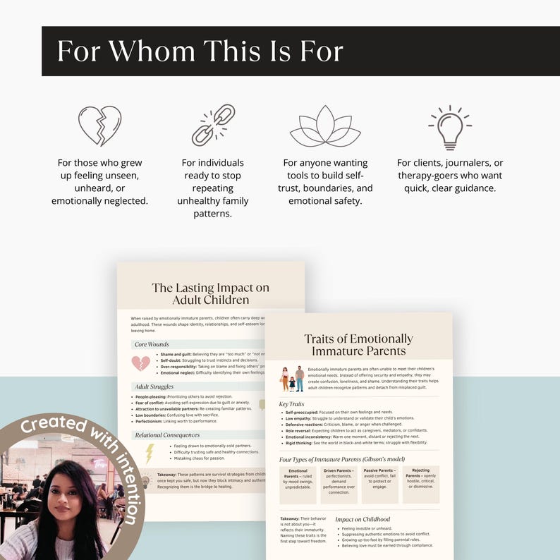 Mockup titled “For Whom This Is For,” listing four audience groups with icons: unseen or neglected adults (broken heart icon), cycle breakers (chain icon), those seeking self-trust and safety (lotus icon), and clients/therapy-goers (lightbulb icon).
