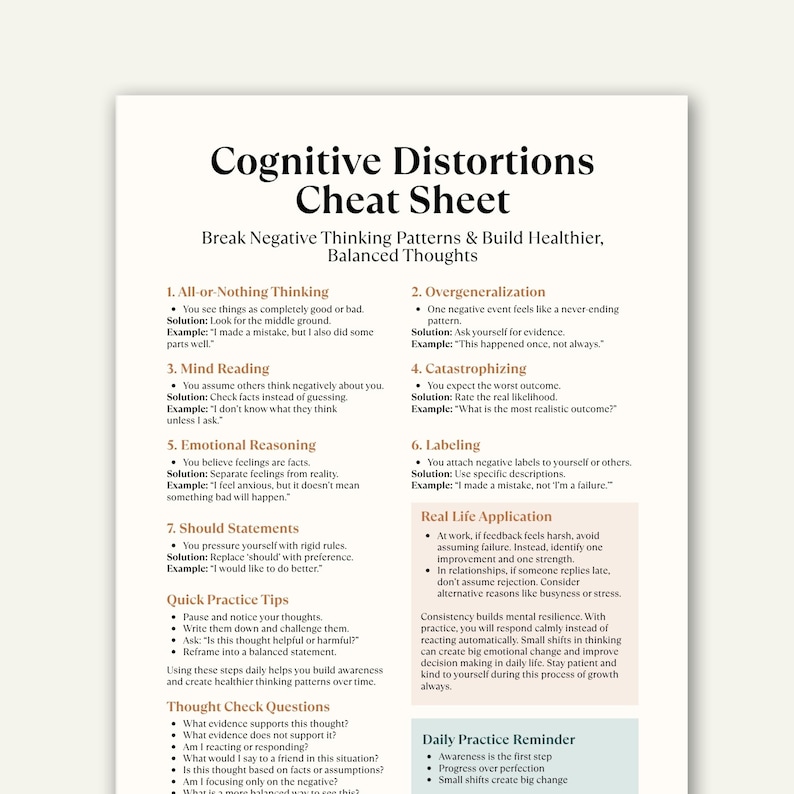 Cognitive Distortions Cheat Sheet Printable, CBT Worksheet, Mental Health, Thought Reframing PDF image 1