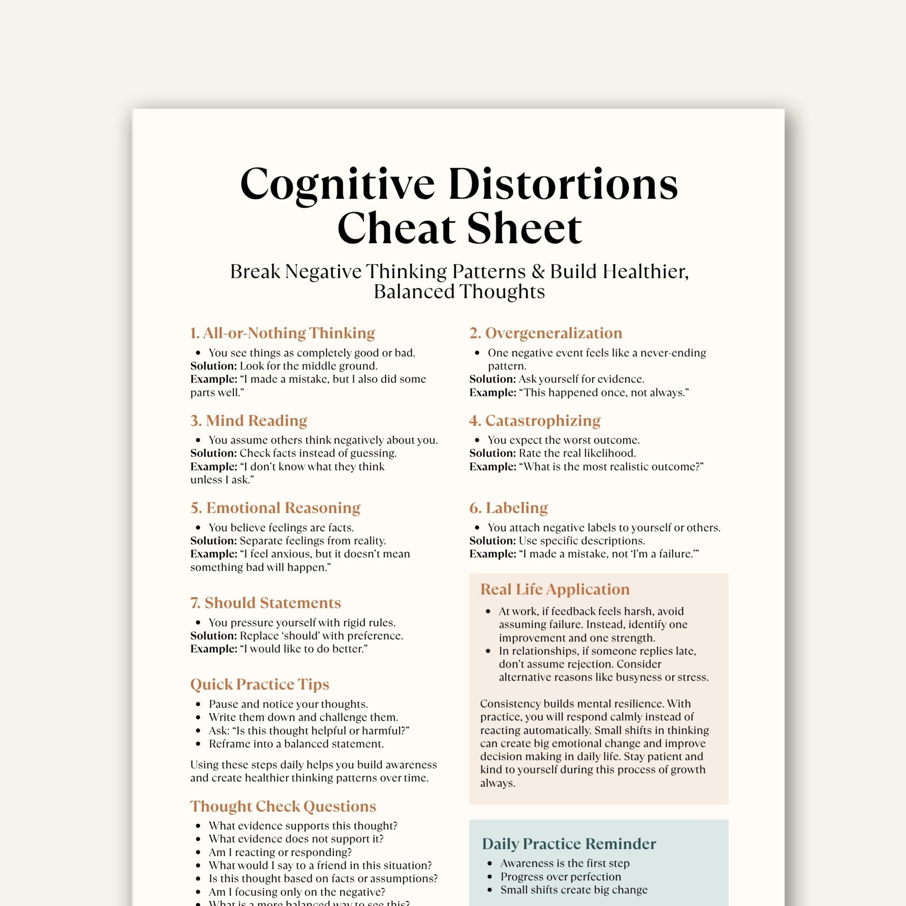 Cognitive Distortions Cheat Sheet Printable, CBT Worksheet, Mental ...