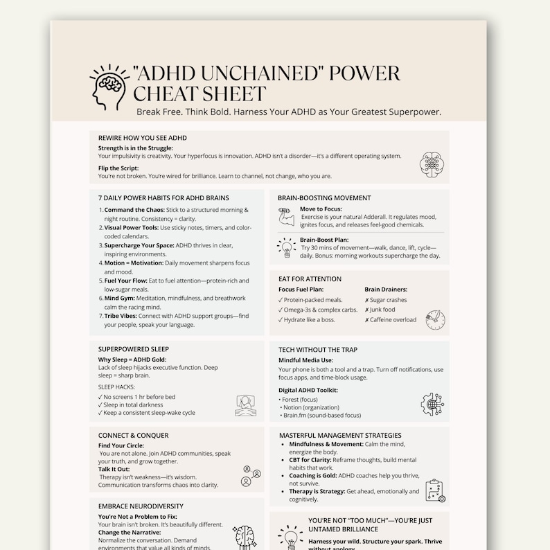 ADHD cheat sheet printable PDF on digital tablet with stylus – minimalist ADHD productivity tool for adults