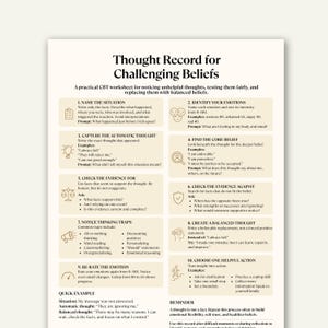 以下が含まれることがあります： Thought Record for Challenging Beliefsと題されたベージュ色のCBTワークシート。感情、自動思考、中核信念、証拠、思考の罠、バランスの取れた思考を特定するためのアイコンとプロンプトが付いた10の番号付きセクションで構成されています。