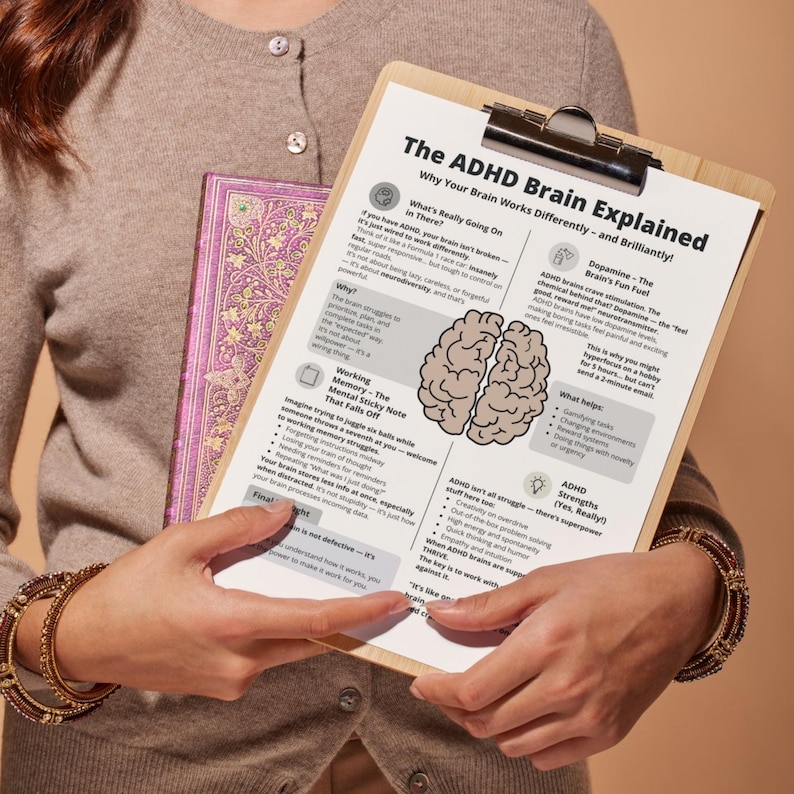 Neurodivergent-friendly ADHD brain cheat sheet with dopamine regulation tips and motivation booster tricks – instant PDF download