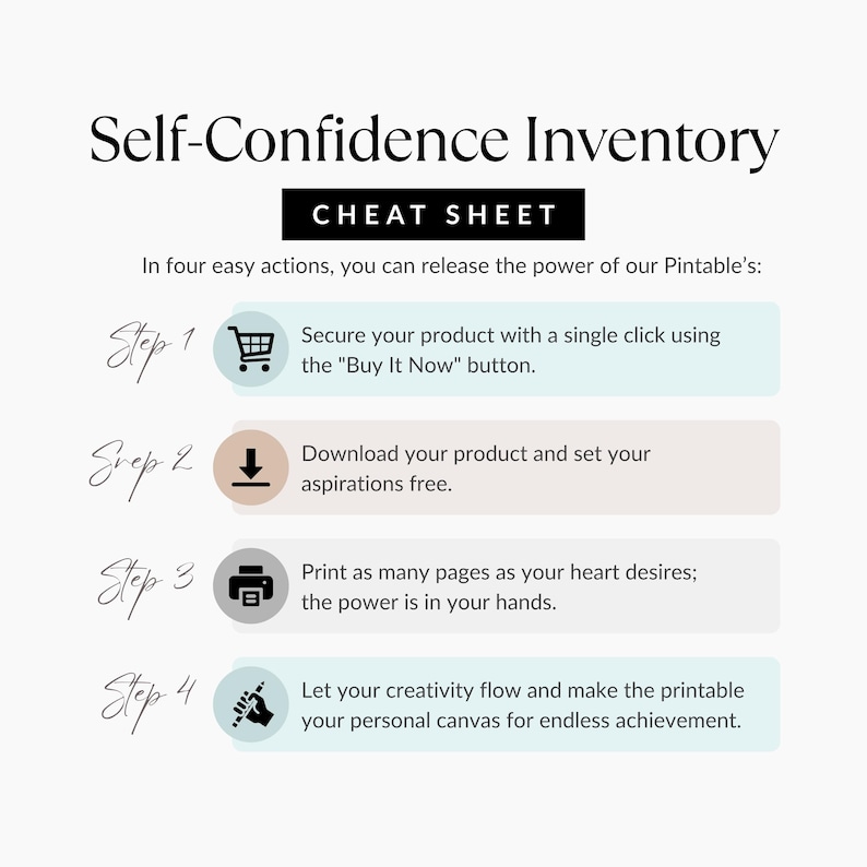 May include: A white printable titled "Self-Confidence Inventory" with the subtitle "Cheat Sheet." It outlines four steps: buying, downloading, printing, and creating. The text is in black, with pastel-colored boxes and icons.