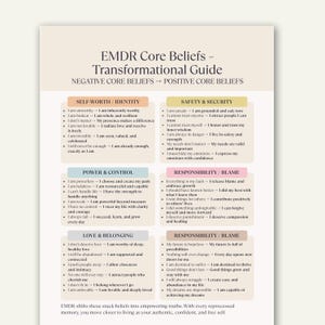 May include: A self-help guide titled "EMDR Core Beliefs - Transformational Guide" with sections on negative and positive core beliefs. The guide covers topics like self-worth, safety, power, responsibility, and love, with text in a sans-serif font.