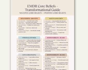 Foglio riassuntivo delle convinzioni fondamentali dell'EMDR stampabile, foglio di lavoro sulla terapia e guida alla guarigione in formato PDF per la trasformazione