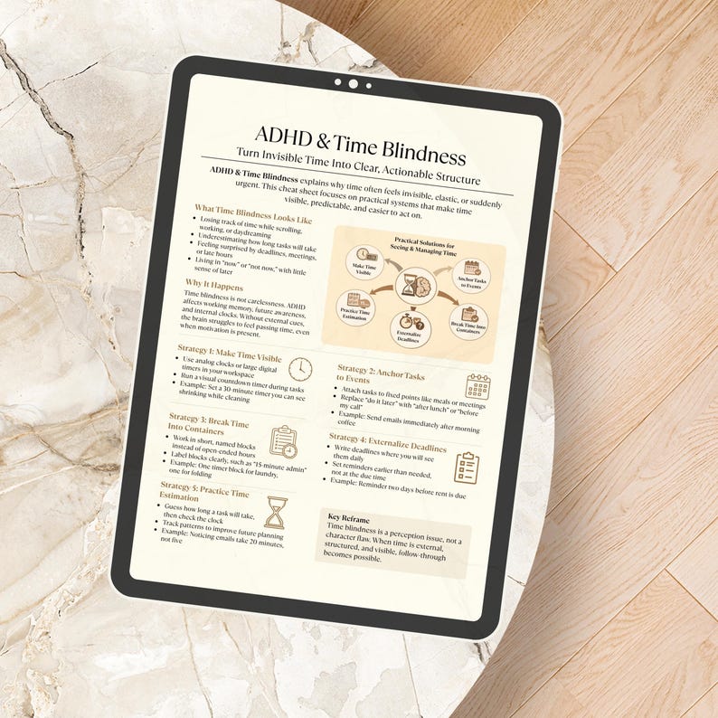 May include: A tablet displays a document titled "ADHD & Time Blindness." The document outlines strategies to manage time, including making time visible, anchoring tasks to events, and externalizing deadlines. The tablet rests on a light-colored, textured surface.
