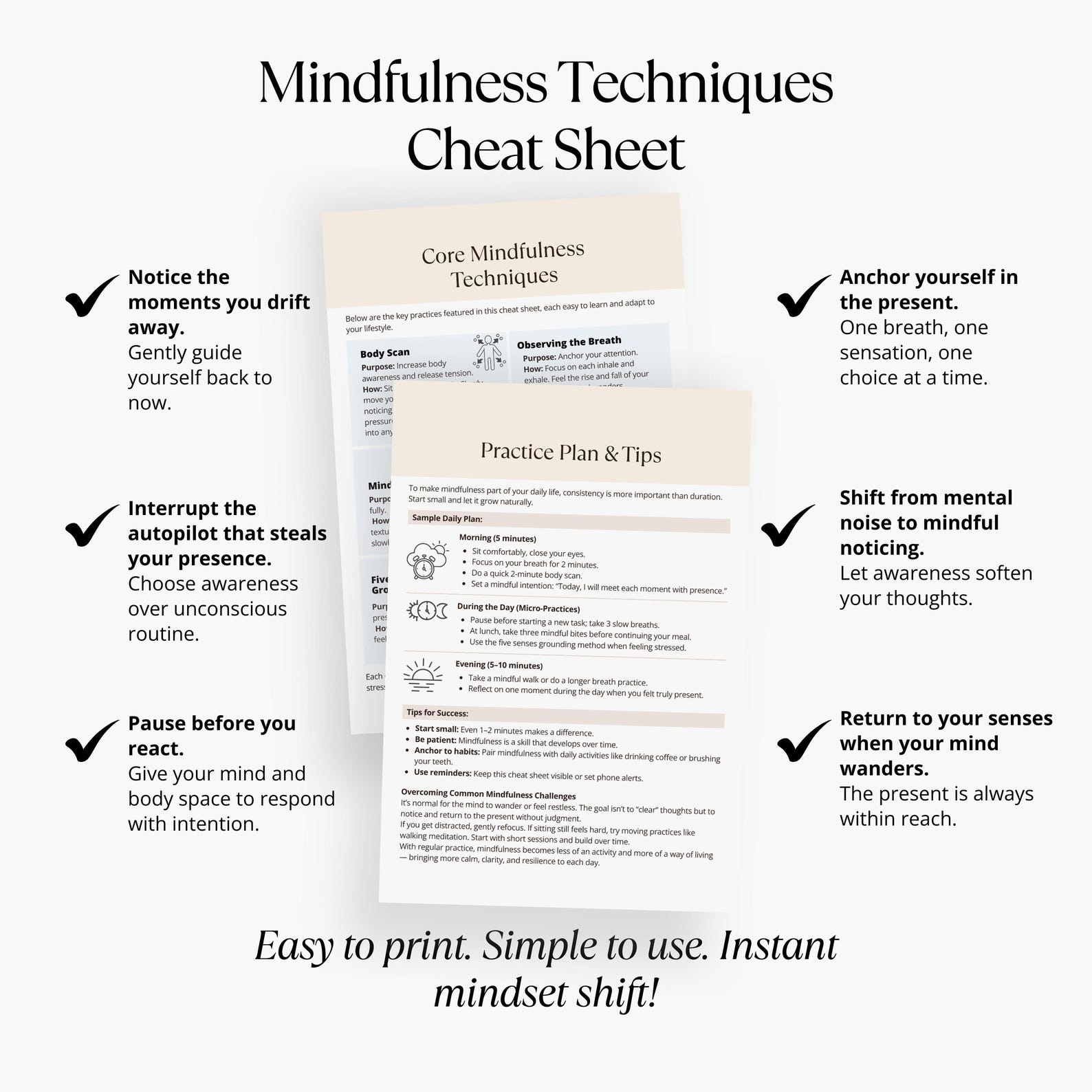 Mindfulness Techniques Cheat Sheet, Meditation and Stress Relief Printable, Daily Calm Self Care ...