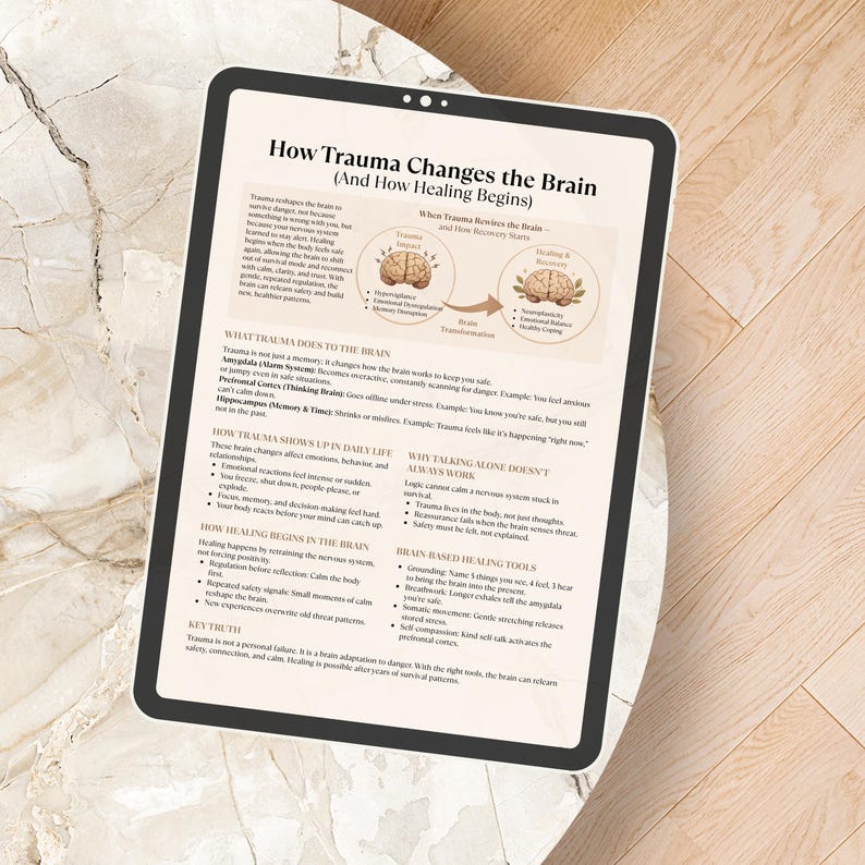 May include: A digital tablet displays a detailed infographic titled "How Trauma Changes the Brain." The text and diagrams explain the impact of trauma on the brain and the healing process. The tablet rests on a light-colored, patterned surface.