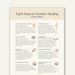 Pode incluir: Uma folha de dicas intitulada "Eight Steps to Somatic Healing" com texto descrevendo aterramento, rastreamento de sensações, segurança de recursos, pendulação, titulação, liberação de energia armazenada e muito mais.