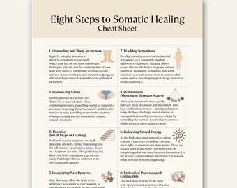 Eight Steps to Somatic Healing Cheat Sheet, Trauma Recovery and Body Awareness Printable Guide